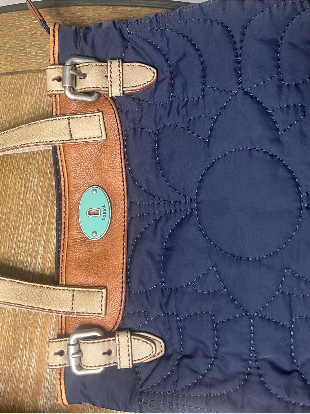 Fossil Navy Quilted Tote with Tan and Brown Trim